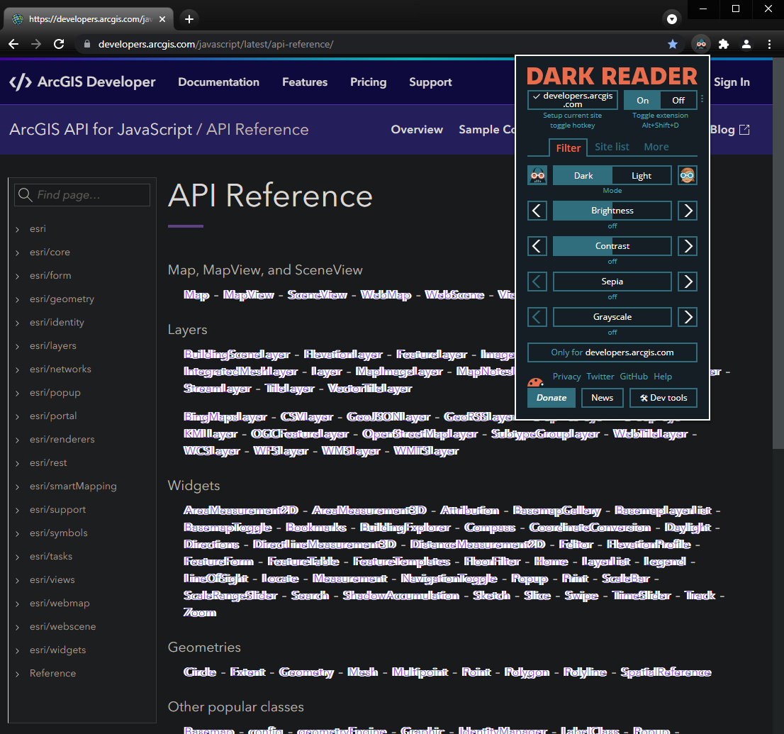 Default Dark Reader ArcGIS JS site